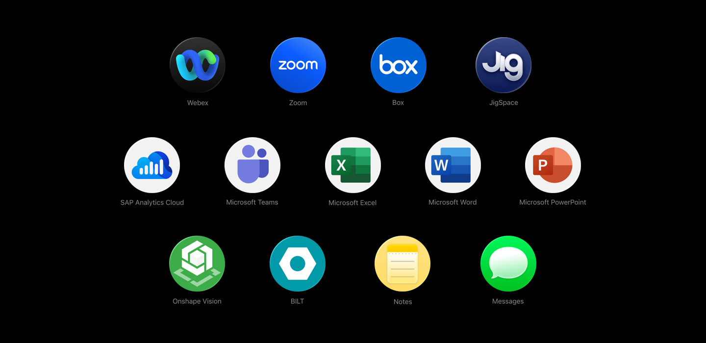 Various app icons in a scattered array, including Webex, Zoom, Box, JigSpace, SAP Analytics Cloud, Microsoft Teams, Microsoft Excel, Microsoft Word, Microsoft PowerPoint, Onshape Vision, BILT, Notes, and Messages