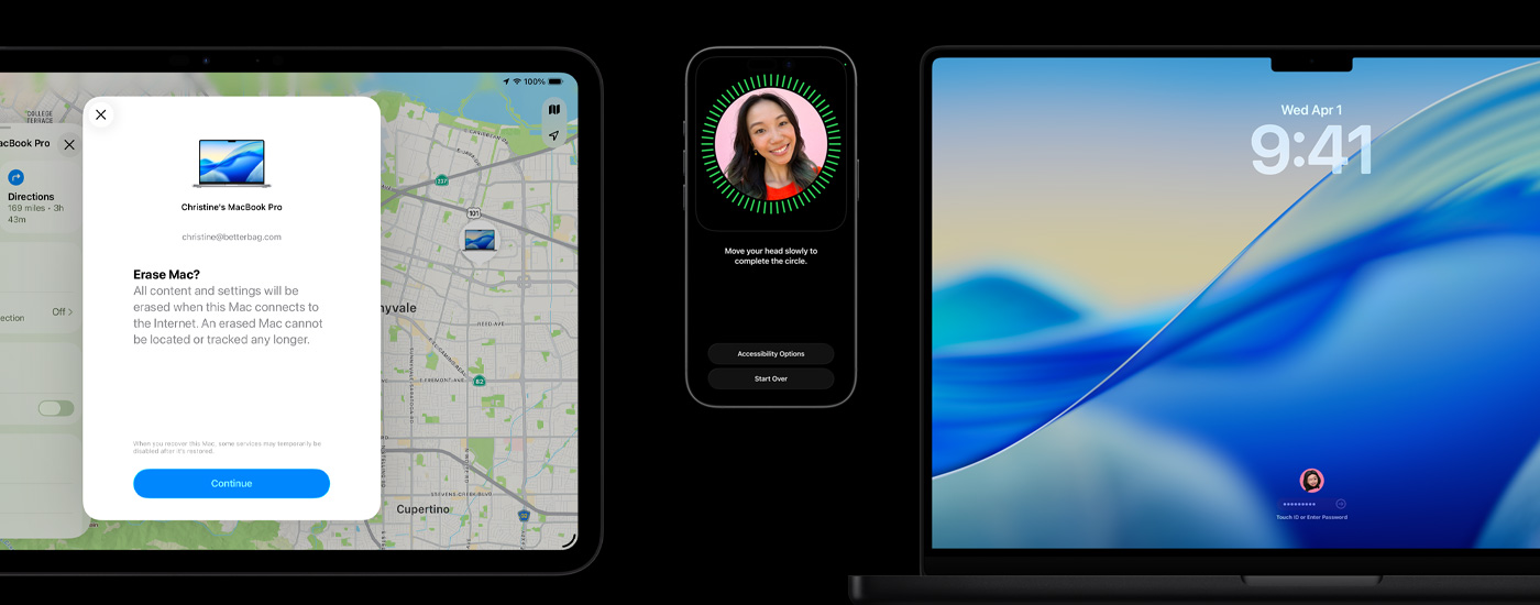An iPad shows Erase Mac option, an iPhone shows Face ID set up, and a Mac shows macOS Tahoe home screen with password or Touch ID.