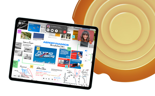 iPad edestä kuvattuna. Freeformissa on erilaisia aiheita ja luonnoksia, kuten aerodynamiikkaa ja suksilla lentämistä