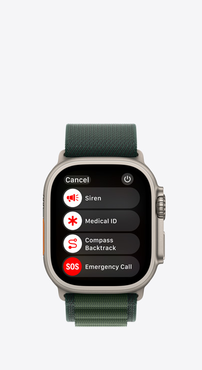 An Apple Watch with a list of emergency features: Siren, Medical ID, Compass Backtrack and Emergency Call