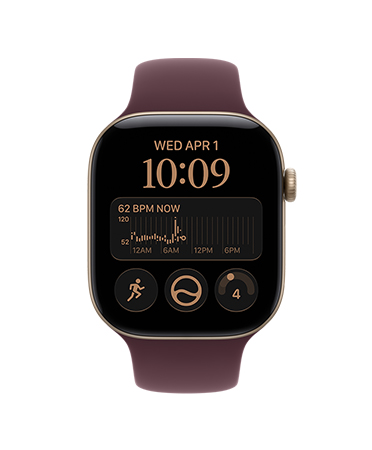 Apple Watch Series 12, aluminum case, light gold color, heart rate app, HRV average 72 ms, Sport Band, burgundy color