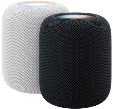 2台のHomePod、カラーはホワイトとミッドナイト、それぞれの上部ディスプレイが光っている