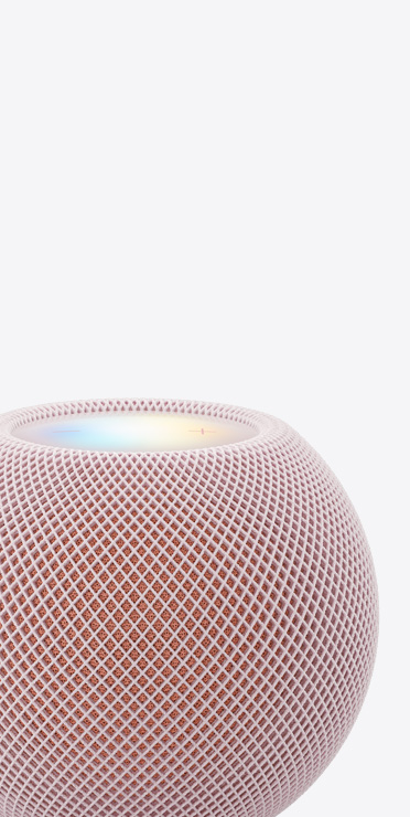 HomePod mini 2, สีชมพู, มุมมองระยะใกล้แสดงจอภาพด้านบนที่ส่องสว่างอยู่