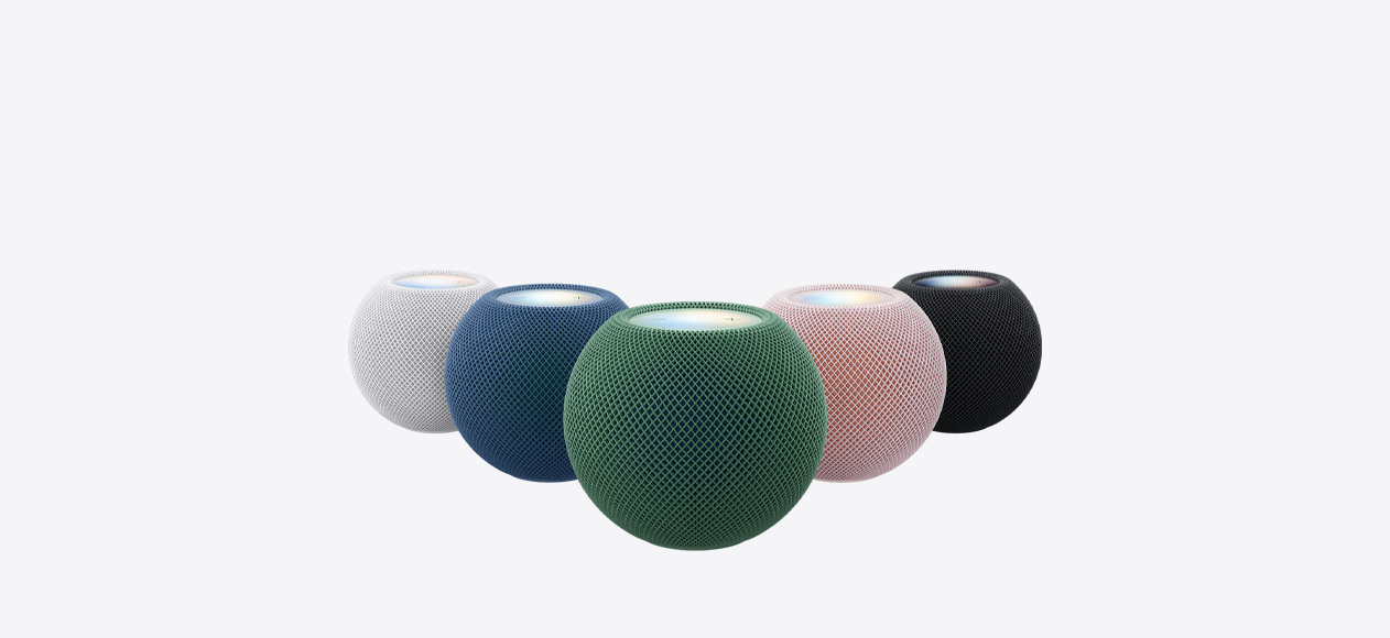 HomePod mini 2, all five colours: white, pink, green, blue, and midnight