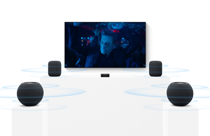 Apple TV 4K, หน้าจอทีวี, ลำโพง HomePod สีมิดไนท์สองตัวทางด้านซ้ายและขวา, ลำโพง HomePod mini 2 สีมิดไนท์สองตัวในฉากหน้า, คลื่นเสียงที่ซ้อนกันแผ่ออกจากลำโพงแต่ละตัว