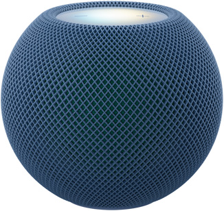 HomePod mini 2, color azul (azul oscuro), parte frontal, diseño esférico compacto, tela de malla acústica sin costuras. Parte superior, superficie táctil retroiluminada y plana, iluminación multicolor
