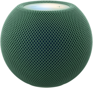 HomePod mini 2, color verde (verde oscuro), parte frontal, diseño esférico compacto, tela de malla acústica sin costuras. Parte superior, superficie táctil retroiluminada y plana, iluminación multicolor