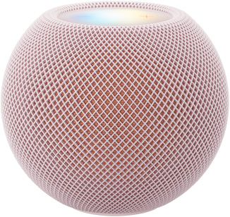 HomePod mini 2, color rosa (rosa claro), parte frontal, diseño esférico compacto, tela de malla acústica sin costuras. Parte superior, superficie táctil retroiluminada y plana, iluminación multicolor