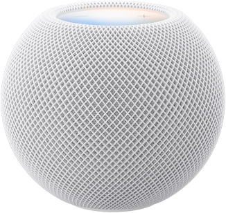 HomePod mini 2, color blanco, parte frontal, diseño esférico compacto, tela de malla acústica sin costuras. Parte superior, superficie táctil retroiluminada y plana, iluminación multicolor