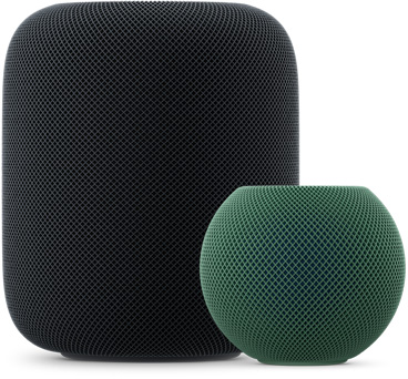 午夜色 HomePod 放在綠色 HomePod mini 2 旁邊進行尺寸比較，展示較大的圓柱形 HomePod，旁邊是精巧的球形 HomePod mini 2