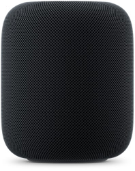 午夜色 HomePod 的正面外觀，展示圓柱形設計和無縫聲學網狀織物
