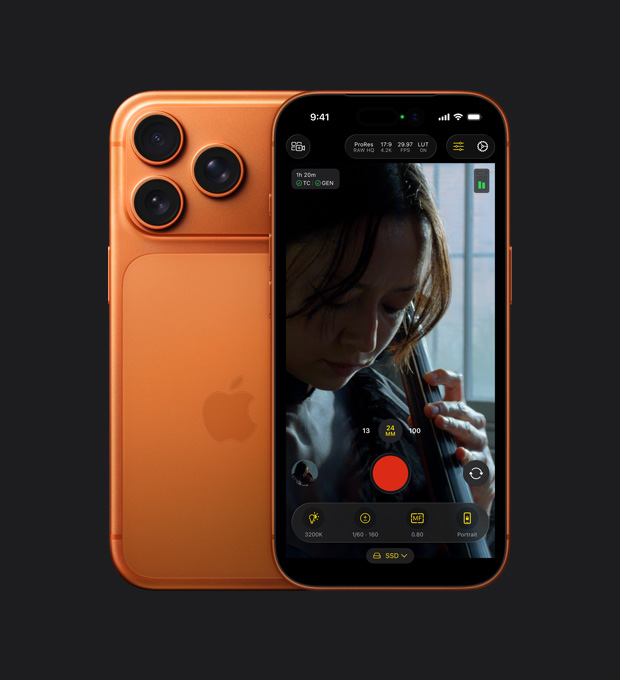 iPhone 17 Pro front screen showing ProRes RAW feature during the recording of a woman playing a cello