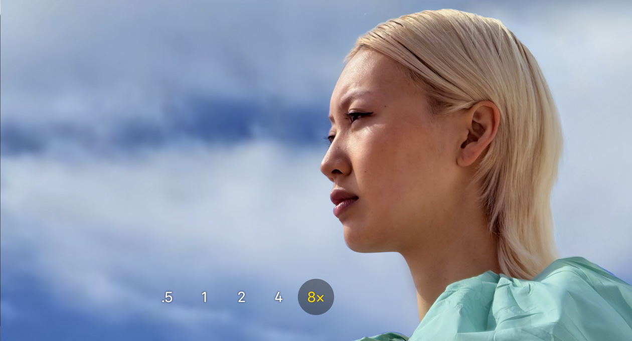 iPhone 17 Pro Camera app, optical zoom 0.5x, 1x, 2x, 4x and 8x, where 8x is selected.
