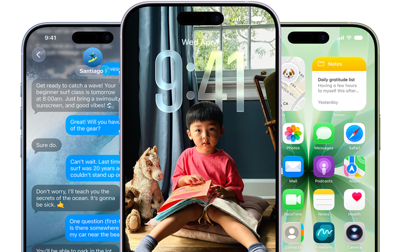 iPhone 17 devices, front exterior, colours: mist blue, lavender, sage, iOS features - Background with messages, Liquid Glass showing the Lock Screen and Home Screen with various apps displayed
