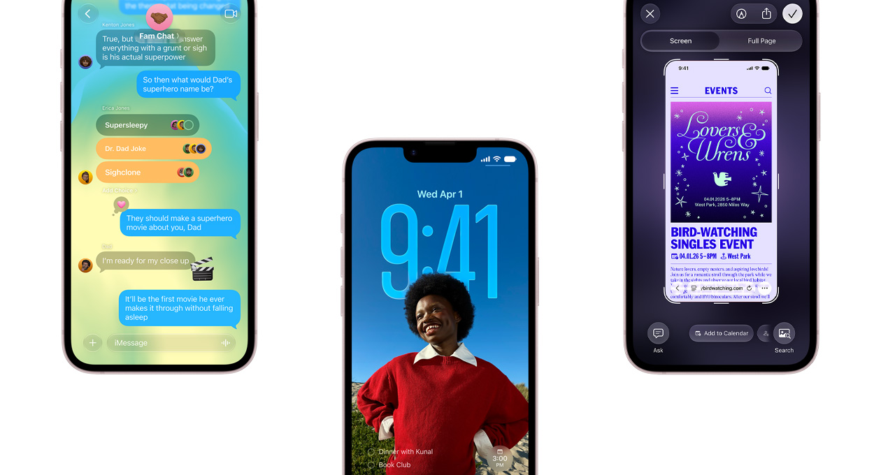 Drei iPhone 17e Geräte, das linke Display zeigt eine Unterhaltung in der iMessages App, das mittlere Display zeigt den Sperrbildschirm mit dem Porträt einer lächelnden Person, die Apps Kalender und Uhr dahinter, das rechte Display zeigt eine Benutzeroberfläche zur Erstellung von Ereignissen