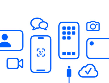 Apple Geräte und Features, iCloud, iPhone mit Face ID und Ladekabel, Kamera, Nachrichten.