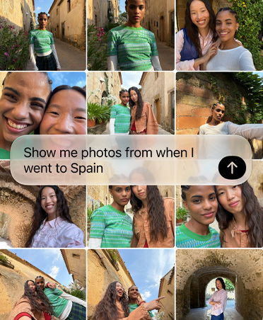 Siri AI muestra fotos de un viaje a España a pedido del usuario, con varios paisajes y personas pasándola bien
