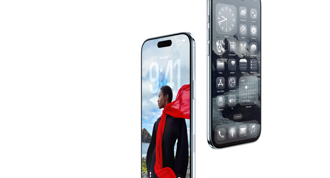 Zwei iPhone Air Geräte, Vorderseite, Seite, dünnes Profil, dynamischer Sperrbildschirm, Homescreen mit Liquid Glass Apps