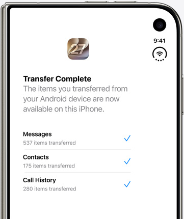 iPhone screen showing Move to iOS App with transfer complete