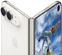 iPhone Duo, Star White color, partially open like a book with hinge mechanism in the center, exterior back panel on the left shows Dual Fusion camera system, outer display on the right shows a portrait photo of a person in front of a blue sky