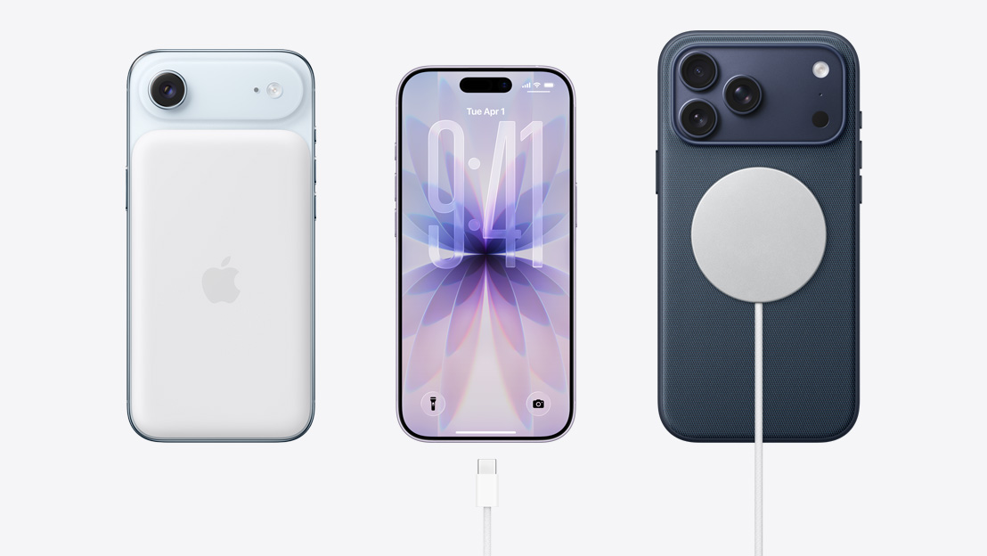 Side-by-side. iPhone Air back with MagSafe battery attached, iPhone 17 front with all screen design, USB-C charging cable near charging port, iPhone 17 Pro back with MagSafe charing cable attached