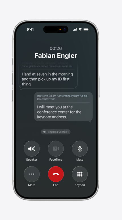 iPhone screen showing Live Translation translating a message from German to English