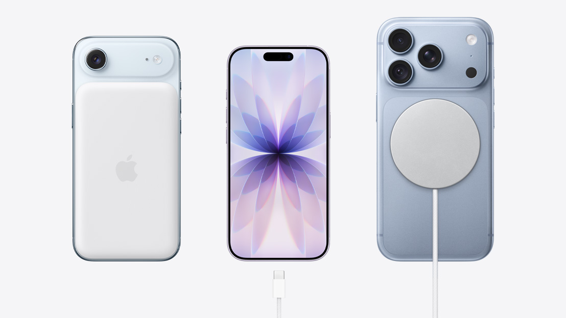 موديلات iPhone معروضة جنباً إلى جنب، iPhone Air، الجهة الخارجية الخلفية، لون أبيض سحابي مع بطارية MagSafe، iPhone 17، الجهة الخارجية الأمامية، شاشة تعرض خلفية شاشة عامة، iPhone 18 Pro، لون جليدي، الجهة الخارجية الخلفية، شاحن MagSafe مثبت