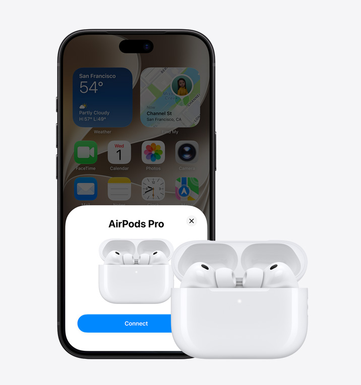 Parte da frente do iPhone 17 Pro, com a tela de início do app Apple Music, ao lado, os AirPods Pro 3 em um estojo de recarga MagSafe aberto