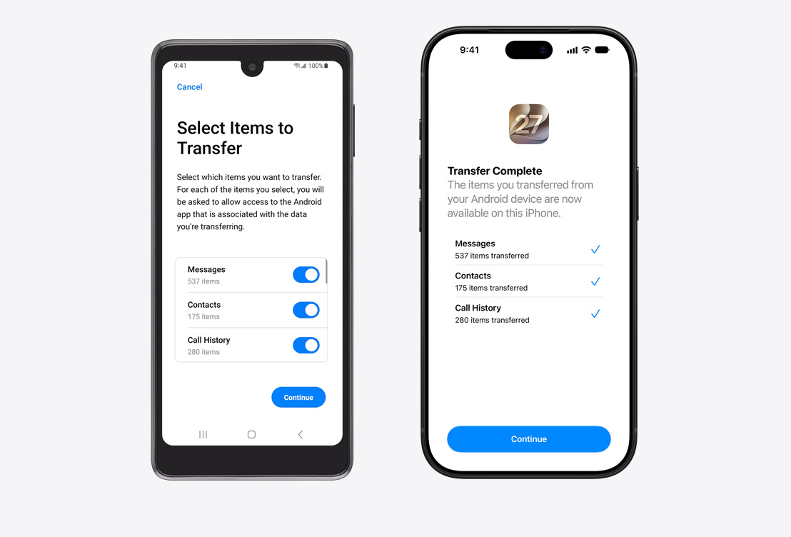 جهاز Android على اليسار وiPhone على اليمين. جهاز Android يعرض تطبيق 'نقل إلى iOS'، مع العنوان 'تحديد العناصر للنقل' وتحديد الرسائل وجهات الاتصال وسجل المكالمات. شاشة iPhone تعرض اكتمال عملية النقل.