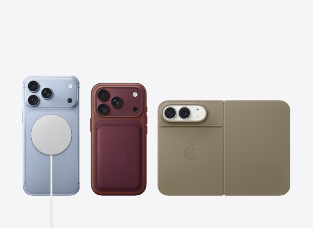 موديلات iPhone جديدة جنباً إلى جنب تعرض اكسسوارات مثل شاحن MagSafe، ومحفظة من نسيج محبوك مع شاحن MagSafe، ومحفظة مع مسند