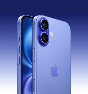 Parte da tela e ângulo lateral do iPhone&nbsp;16 em ultramarino mostrando os botões de Ação, de volume e lateral. Imagem da parte de trás que mostra o sistema avançado de câmera dupla no canto superior esquerdo