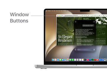 Ask Siri populates helpful research information on MacBook Pro 14", Preview runs in the background with a line indicating the location of the Window Buttons.