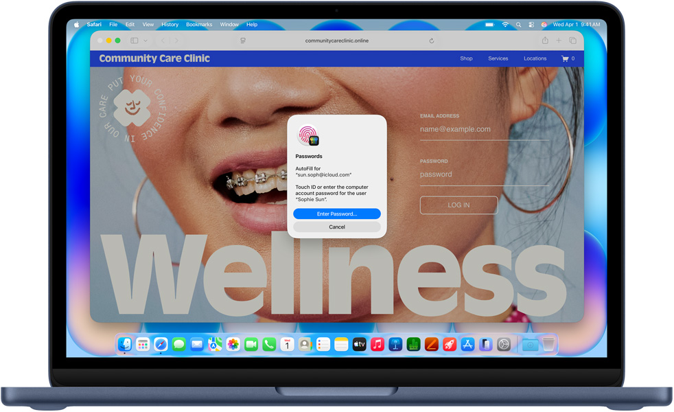 MacBook Neo, indigo colour, Safari prompting user to log in using Touch ID or password to website titled Community Care Clinic