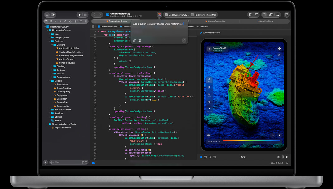 MacBook Pro med Xcode, AI-assistenten bedes om at tilføje en knap til hurtig ændring af enheder, i meter eller fod, til venstre vises redigeringsværktøj med Swift, til højre vises et preview i en iPad-app med en 3D-scan af et skibsvrag på havbunden