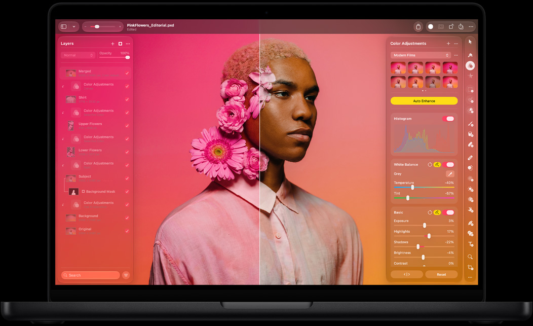 Skærm viser Pixelmator Pro, billede opdelt før og efter portræt, lyserøde blomster i motivets hår, strålende lyserøde farver i venstre side, neutrale farver i højre side, panelet Lag til venstre, panelet Farvejusteringer til højre