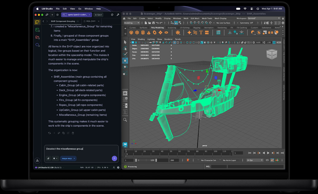 MacBook Pro, LM Studio, AI-assistent viser trin til gruppering af skibskomponenter, med teksten: Deselect the miscellaneous group, Autodesk Maya, grøn wireframe 3D-model af rumfartøj