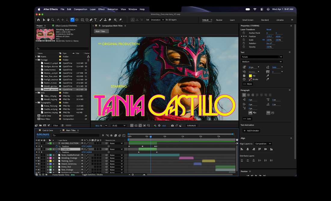 MacBook Pro med After Effects, titlen An Original Production med Tania Castillo i hovedrollen står over et billede af en wrestler i lyserød og blå wrestling-maske, panel med egenskaber og tidslinjen er synlige