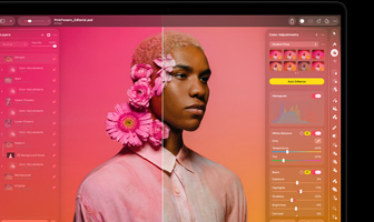 Skærm viser Pixelmator Pro, billede opdelt før og efter portræt, lyserøde blomster i motivets hår, strålende lyserøde farver i venstre side, neutrale farver i højre side, panelet Lag til venstre, panelet Farvejusteringer til højre