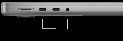 Lukket MacBook Pro med M6-chip i farven sølv, følgende porte vises i venstre side: MagSafe 3, to Thunderbolt 4 og et 3,5 mm jackstik til hovedtelefoner