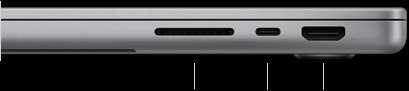 Lukket MacBook Pro med M6-chip i farven sølv, tre porte i højre side: SDXC, Thunderbolt 4 og HDMI