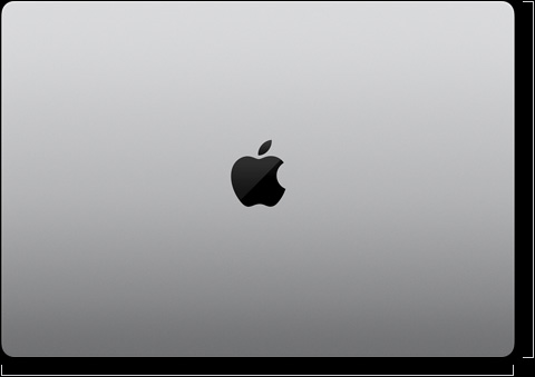 Lukket MacBook Pro i farven sølv vist ovenfra med længde- og breddemål