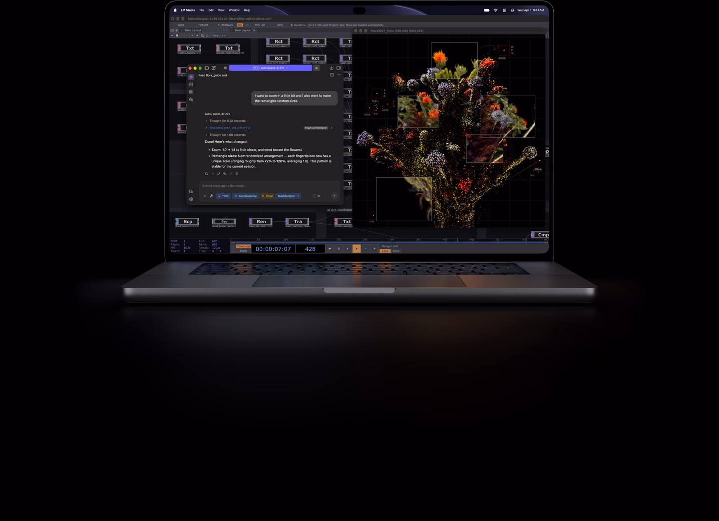Sølvfarvet 16" MacBook Pro med PROLED XDR-skærm, skærmen viser et billede blive skabt ved hjælp af TouchDesigner og LM Studio