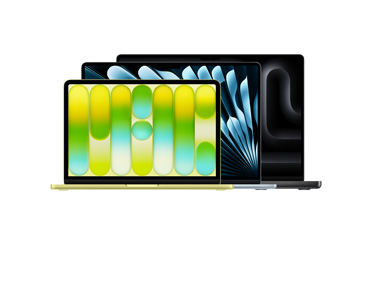 Tre MacBook-produkter: Åben 13" MacBook Neo i farven citrus med Liquid Retina-skærm og afrundede fødder, åben 15" MacBook Air i farven himmelblå med afrundede fødder, åben 16" MacBook Pro i farven space black med afrundede fødder