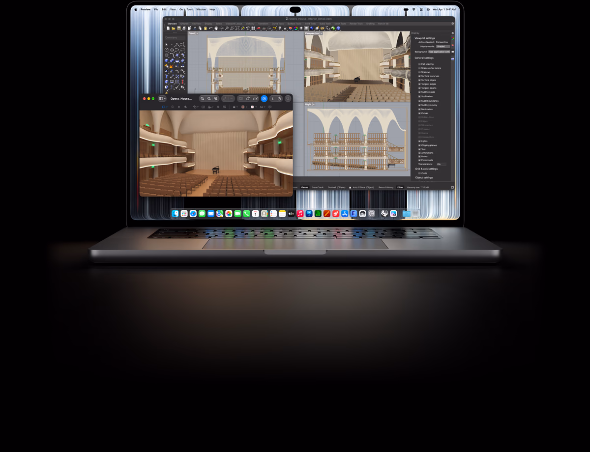 16-inch MacBook Pro with PROLED XDR Display, silver colour, screen shows an object being modelled in Rhino