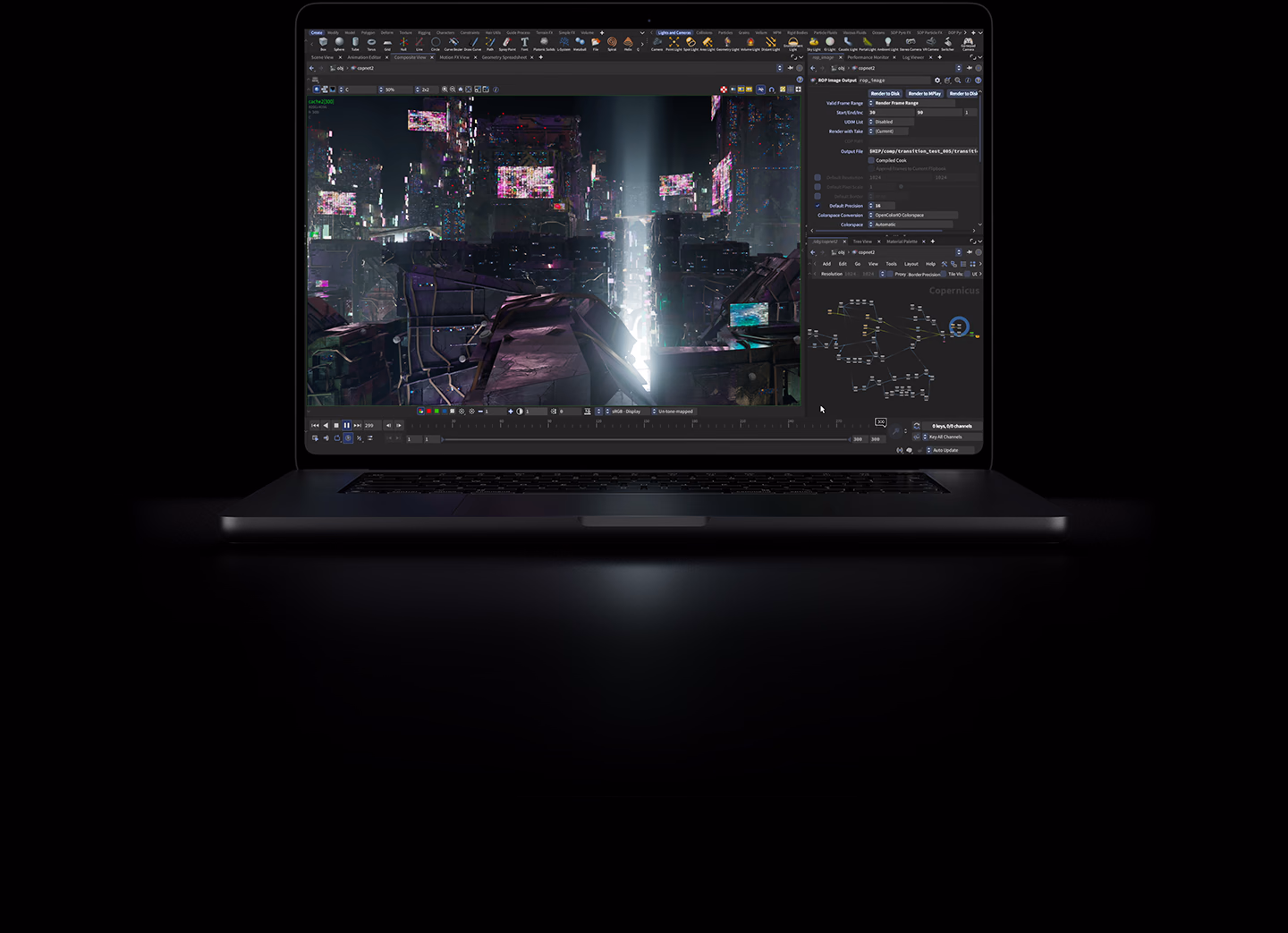 Space black 16" MacBook Pro med PROLED XDR-skærm, skærmen viser et 3D-computergenereret bybillede renderet i Houdini