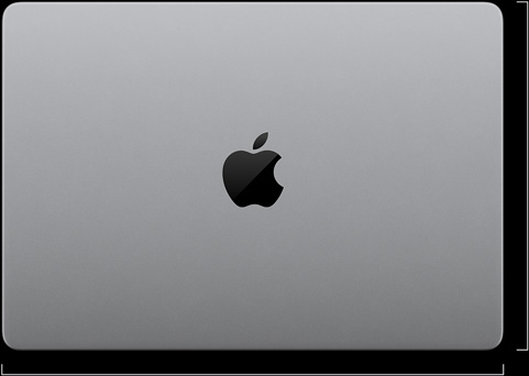 Lukket sølvfarvet MacBook Pro med PROLED XDR-skærm vist ovenfra med en længde på 21,63 centimeter og en bredde på 31,08 centimeter
