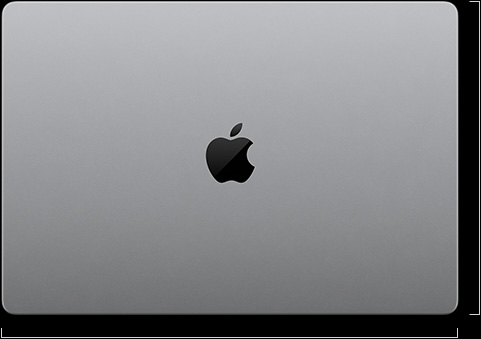 Lukket sølvfarvet MacBook Pro med PROLED XDR-skærm vist ovenfra med en længde på 24,42 centimeter og bredde på 35,55 centimeter