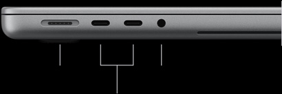 Lukket sølvfarvet MacBook Pro med PROLED XDR-skærm vist fra venstre side med følgende porte: MagSafe 3, to Thunderbolt 5 og et 3,5 mm jackstik til hovedtelefoner