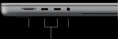 Lukket sølvfarvet MacBook Pro med PROLED XDR-skærm vist fra venstre side med følgende porte: MagSafe 3, to Thunderbolt 5 og et 3,5 mm jackstik til hovedtelefoner