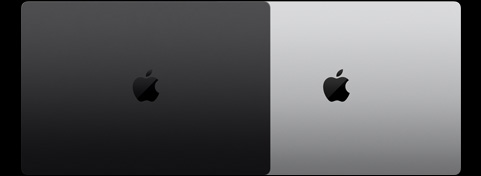 Vue extérieure de deux modèles de MacBook Pro 16 pouces montrant les deux finitions disponibles